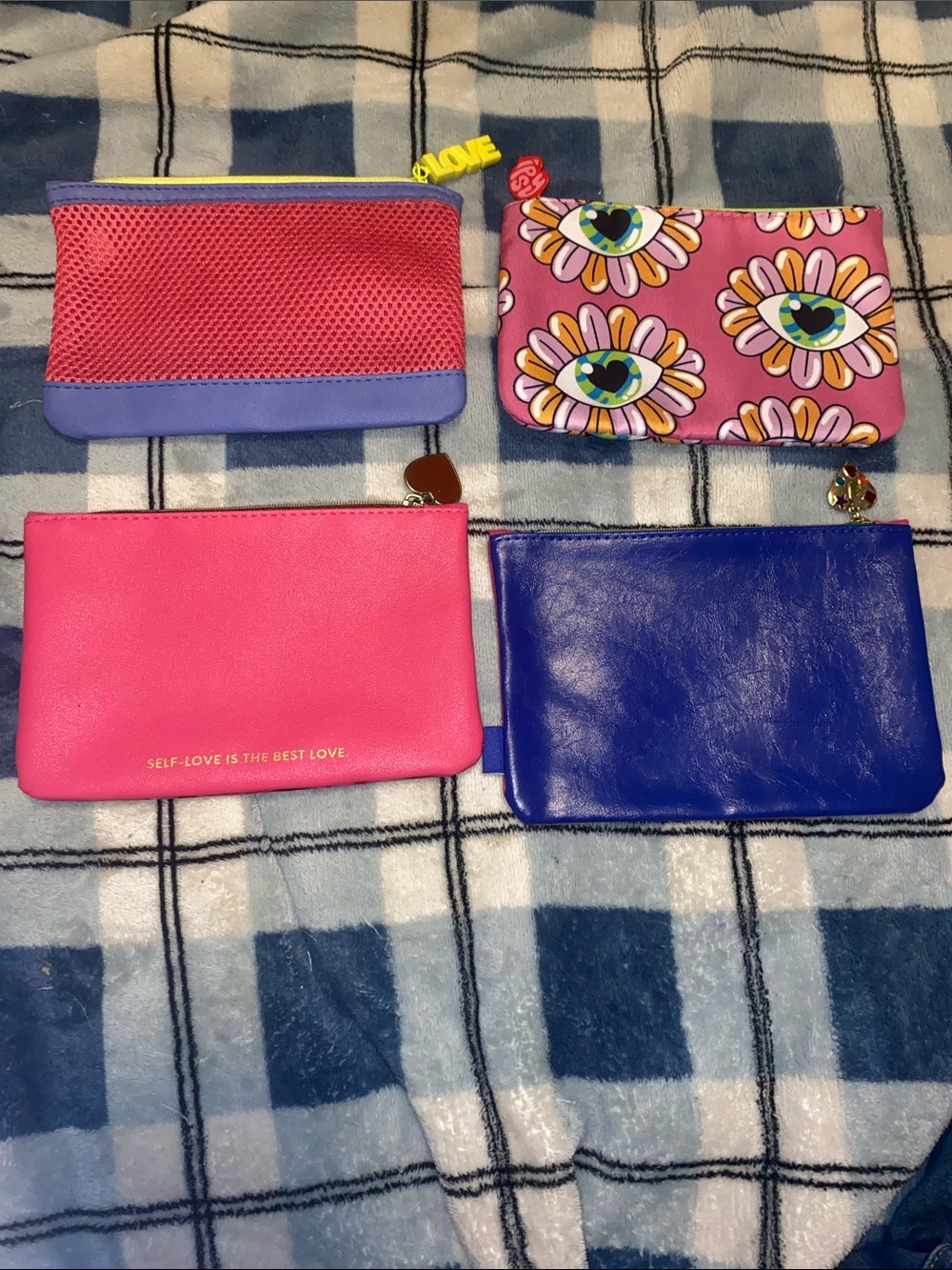 ipsy Hearts, Love and Kisses-Pink, Blue & Purple Cosmetic Pouch Set - 4 Pack